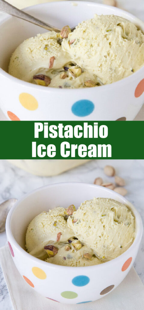close up scoops of pistachio ice cream for pinterest