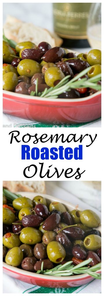 bowl of roasted olives with a sprig of rosemary