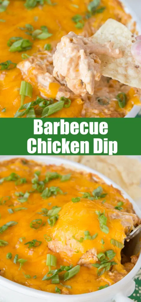 close up barbecue chicken dip with a chip in it