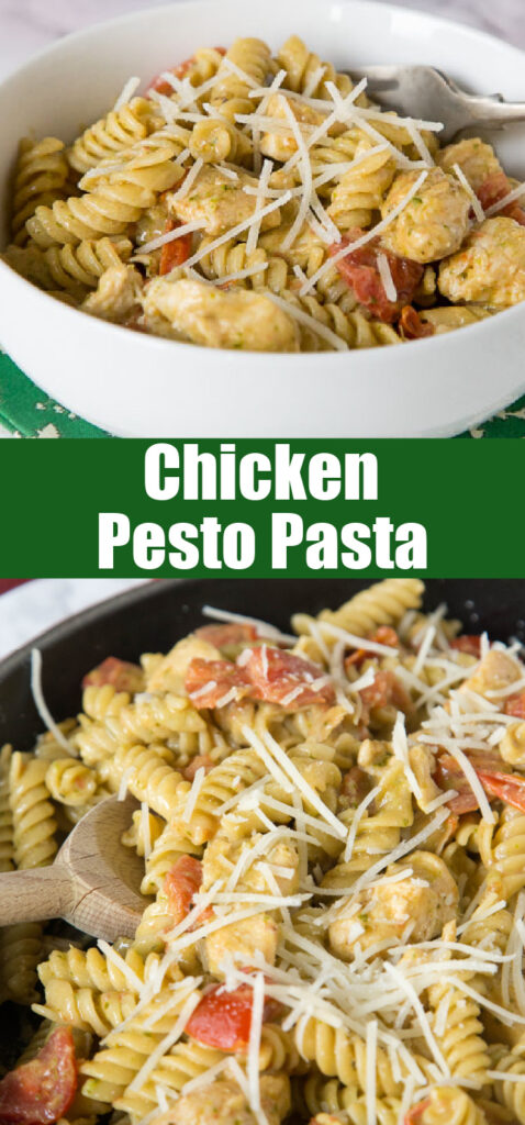 close up chicken pesto pasta in bowl for pinterest