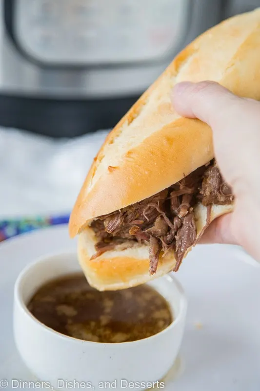 a person holding A French dip sandwich 