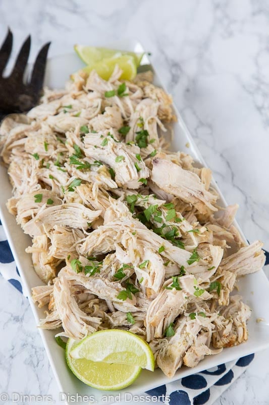 A dish is filled with shredded chicken