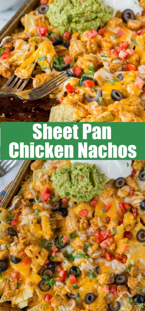 chicken nachos on a big sheet pan close up