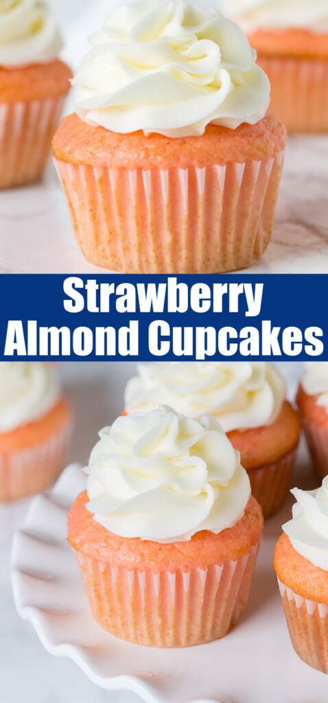 close up strawberry almond cupcakes for pinterest