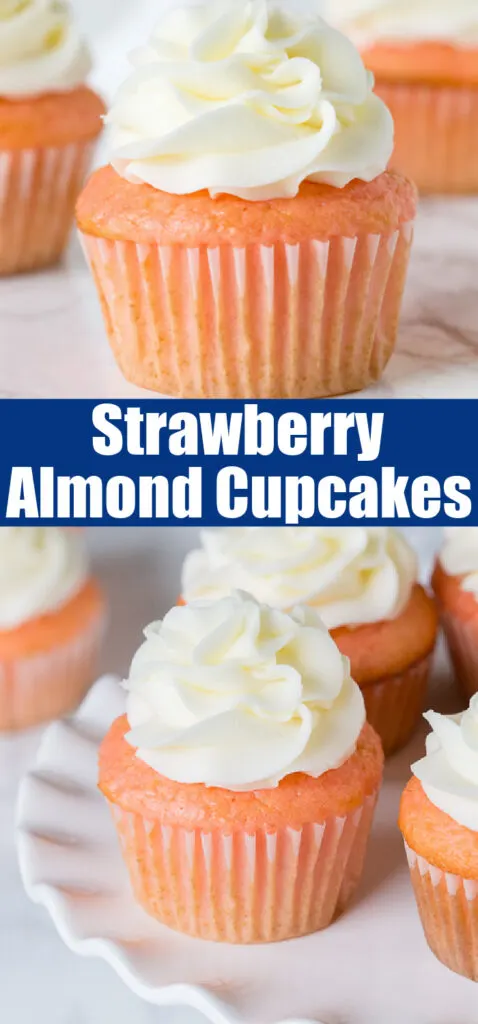 close up strawberry almond cupcakes for pinterest