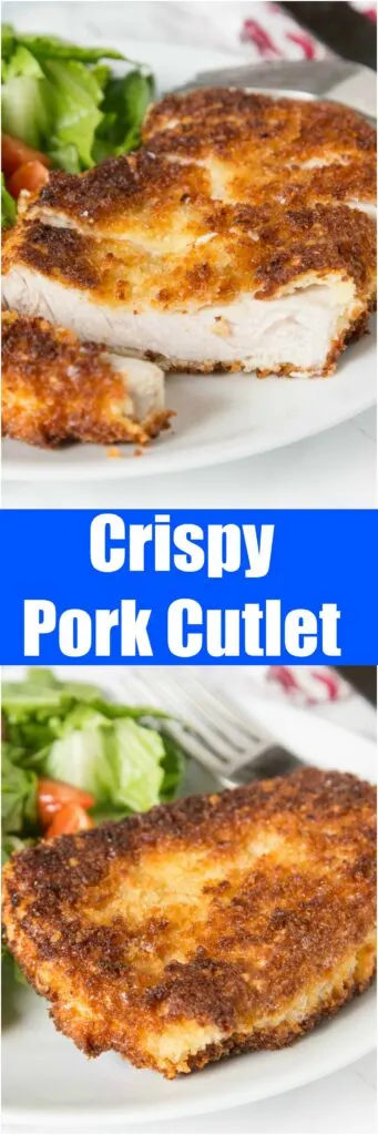Crispy Pork Cutlets - tender boneless breaded pork cutlets that are pan fried to crispy perfection. Served with a salad for a delicious meal any night of the week.