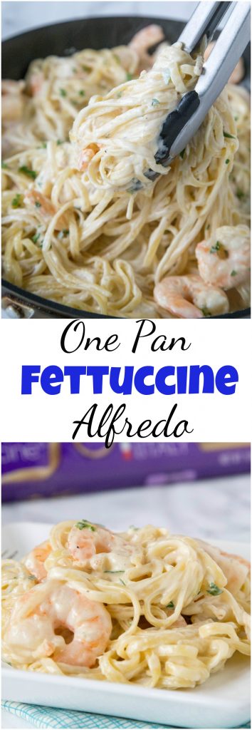One Pan Fettuccine Alfredo with Shrimp - a simple fettuccine Alfredo recipe made in one pan. Add shrimp to have a romantic and easy meal you can enjoy any night of the week.