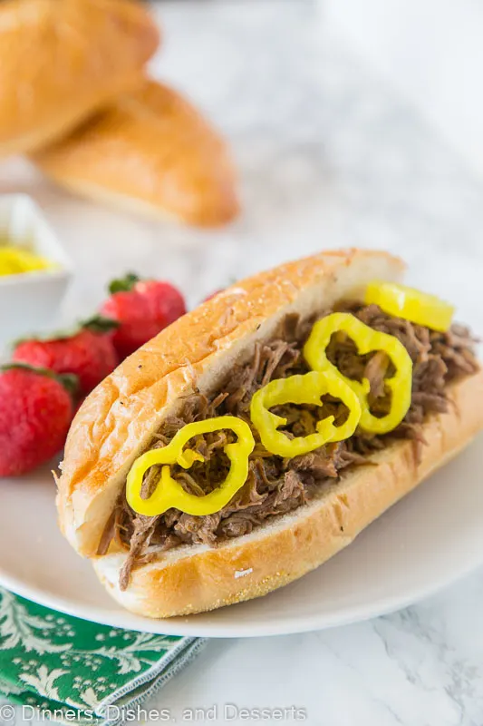 Crock Pot Italian Beef topped with peppers