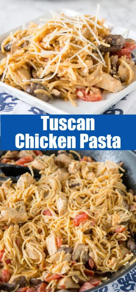 close up of tuscan chicken pasta in a skillet
