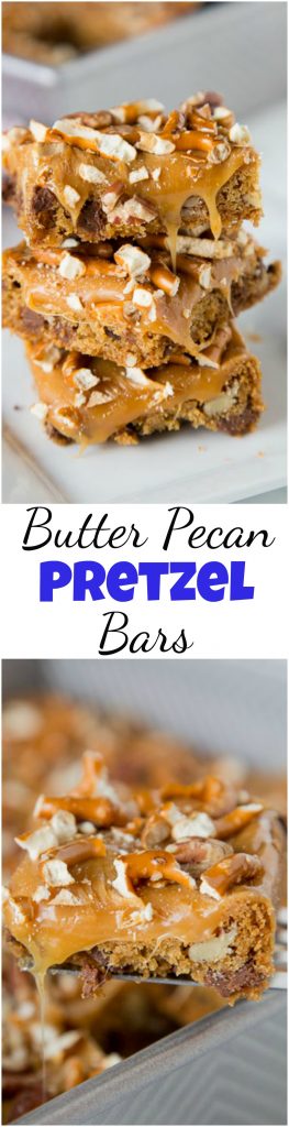 Butter Pecan Pretzel Bars - sweet and salty comes together in a super easy dessert!  Gooey caramel, pecans, and pretzels makes it extra delicious. #christmascookies #pillsbury #cookiecountdown #holidaybaking #caramel #dessert #baking #pecans