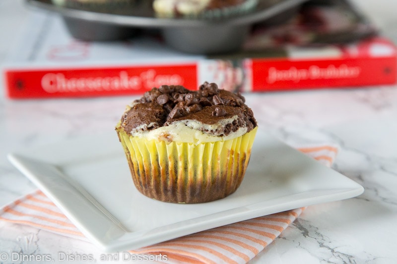 A close up of a chocolate cheesecake muffin