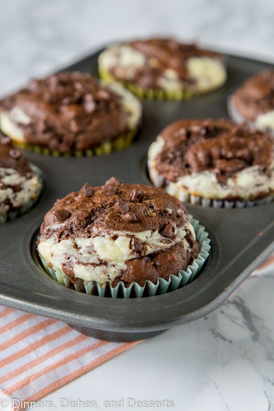 chocolate cheesecake muffins in a muffin tin