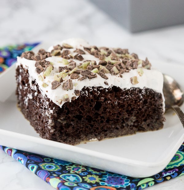 Irish Cream Chocolate Poke Cake - a tender chocolate poke cake spiked with Irish Cream and topped with whipped cream!