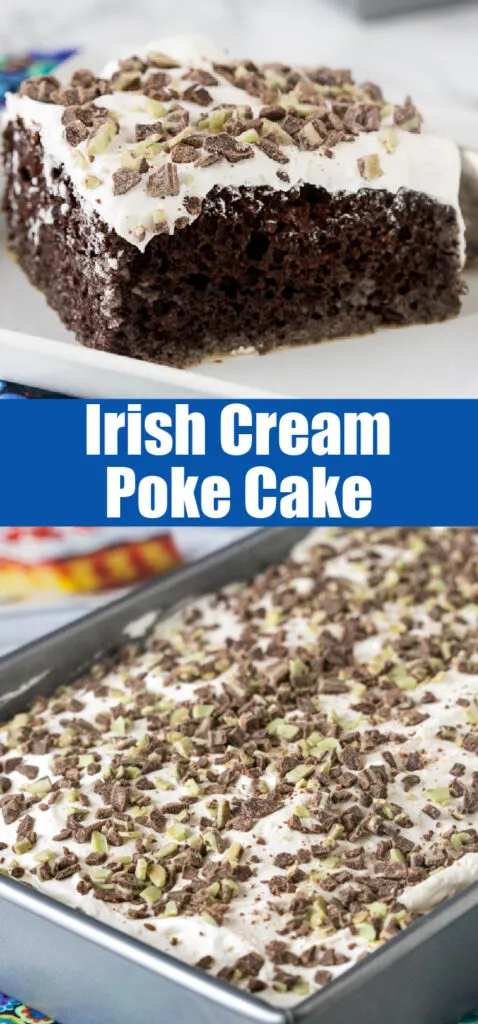 close up chocolate irish cream poke cake for pinterest