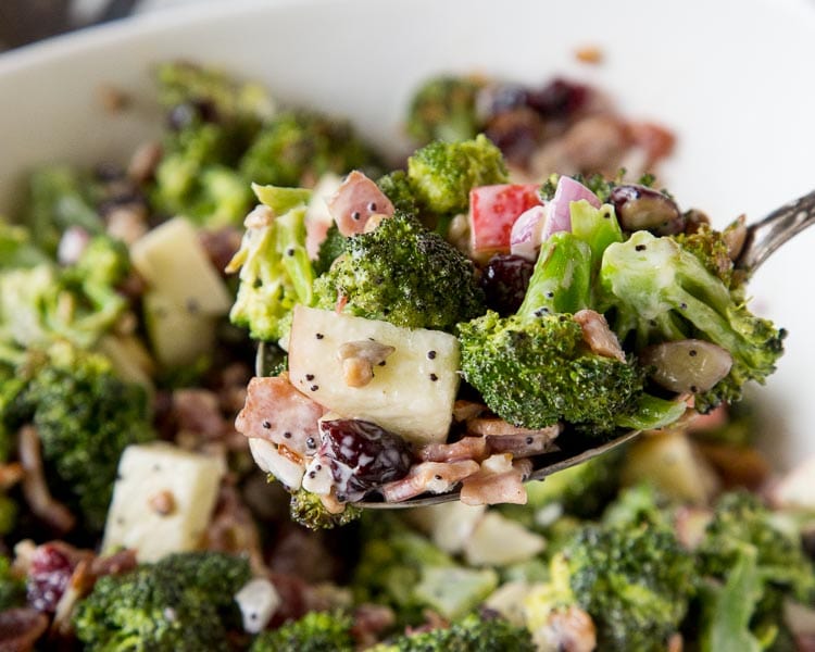 Broccoli Salad Recipe - roasted broccoli salad with bacon, apples, cranberries, almonds, sunflower seeds and a creamy poppy seed dressing!