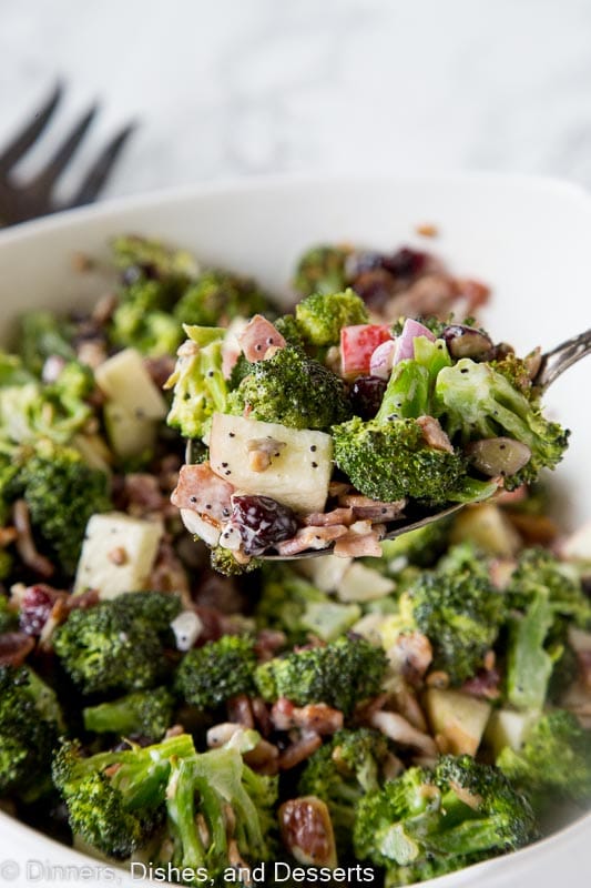 Broccoli Salad Recipe - roasted broccoli salad with bacon, apples, cranberries, almonds, sunflower seeds and a creamy poppy seed dressing!