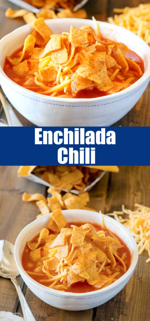 bowl of enchilada chili with fritos on top for pinterest