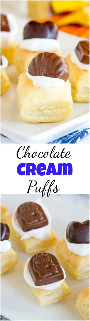 Chocolate Cream Puffs - these super easy little cream puffs are the perfect sweet treat. Flakey puff pastry, sweet cream, and GODIVA Masterpieces chocolate pieces to top it off. #godivamasterpieces #chocolate #tart #puffpastry #dessert #easydessert #creampuff