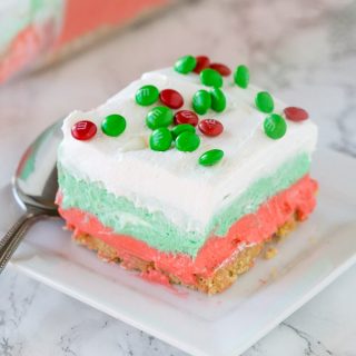 red white and green christmas lasagna on a plate