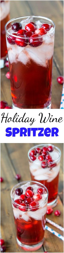 Holiday Wine Spritzer Recipe - a fun cocktail that you can serve at all your holiday get togethers! Wine, ginger ale, cranberry juice and cranberries make it festive and delicious! #cocktail #wine #happyhour #christmasdrinks #drinks #winespritzer