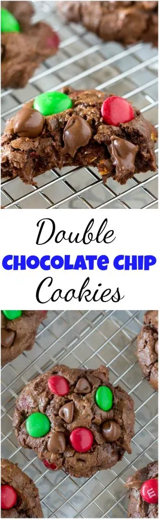 Soft Double Chocolate Chip Cookies - super soft and tender chocolate cookies that will literally melt in your mouth. 3 kinds of chocolate to make them extra delicious!  #cookies #chocolate #christmascookies #doublechocolate #softbatch #M&Mcookies