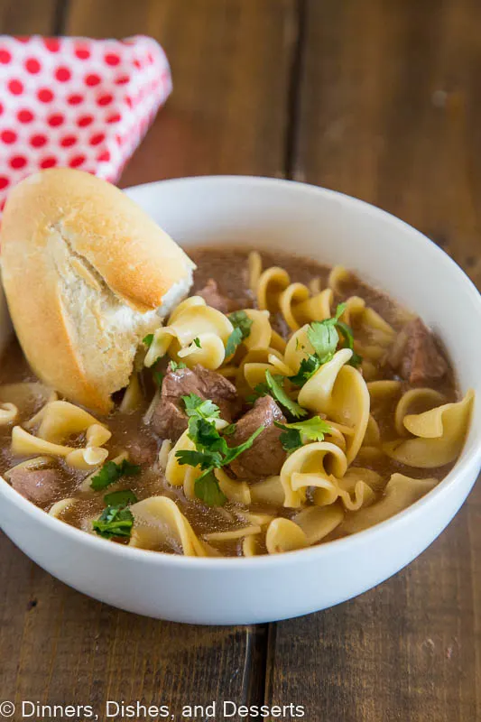 Beef and Noodles Soup - use the crock pot to make this super easy soup recipe. Tender beef, noodles, and a delicious broth make for a comforting soup.