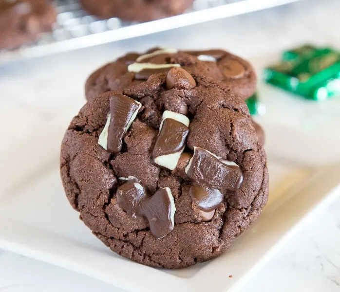 Andes Mint Cake Mix Cookies - Combine 2 favorites, Andes Mint Cookies and Cake Mix Cookies into one and get these super easy, chocolate-y, and fudgy cookies!
