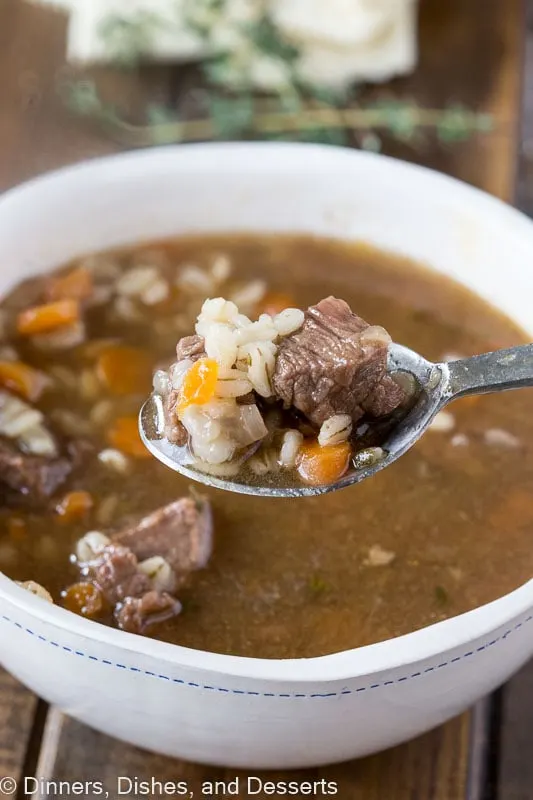 Spoonful of beef and barley soup