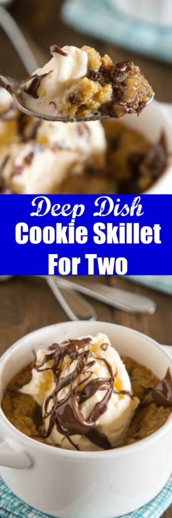 Deep Dish Chocolate Chip Cookies for Two -An ooey, gooey, chocolate-y deep dish cookie that makes just enough for two people.  A homemade version of the famous Pizookie.