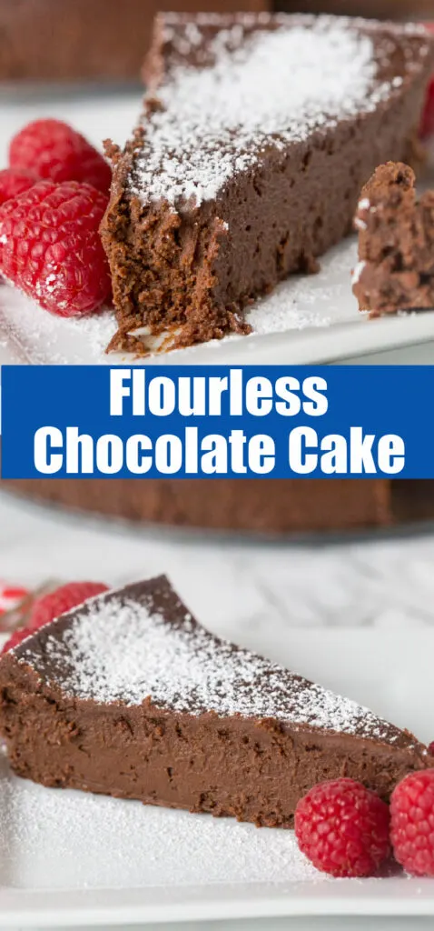 a slice of chocolate flourless chocolate cake close up