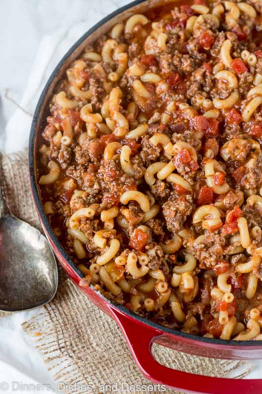 old fashioned goulash overhead shot in pan