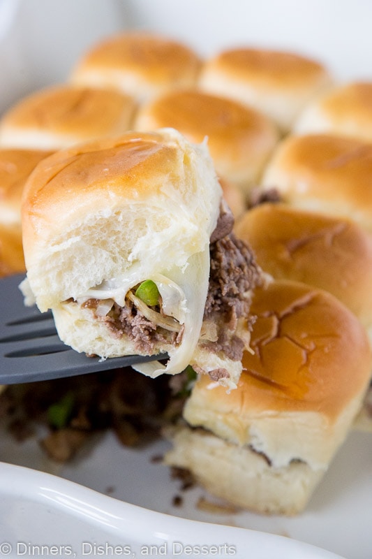 Philly Cheeseteak sliders with melty cheese