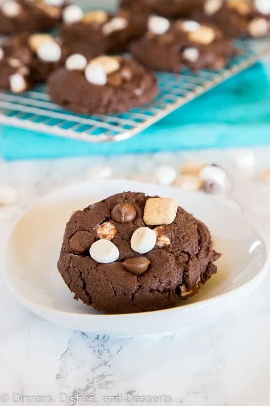 Soft chocolate cake mix cookies with s'mores mix ins