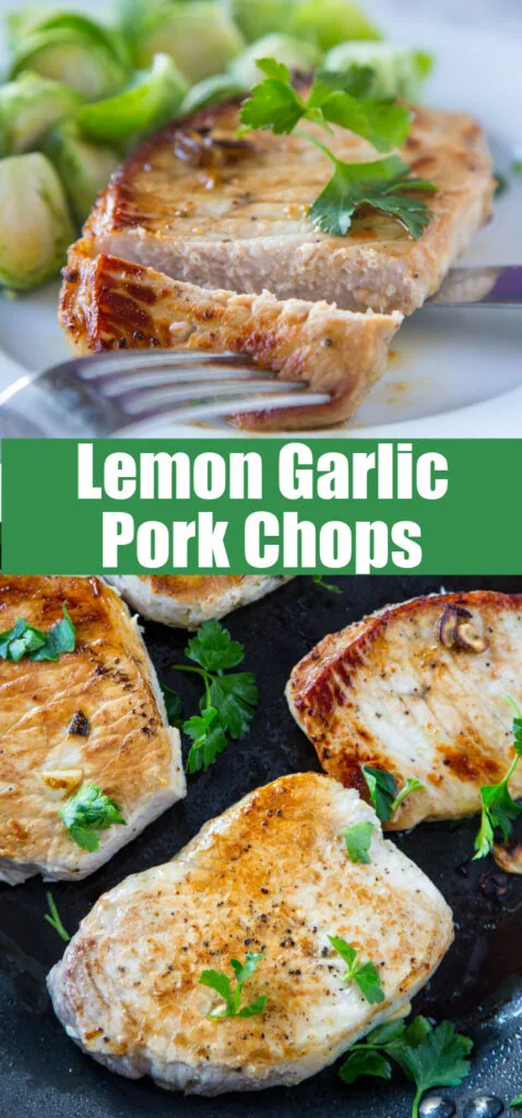 close up lemon garlic pork chops on plate