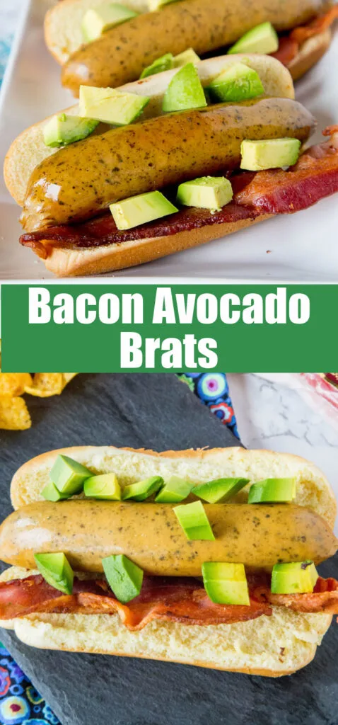 looking down on grilled brats with bacon and avocado