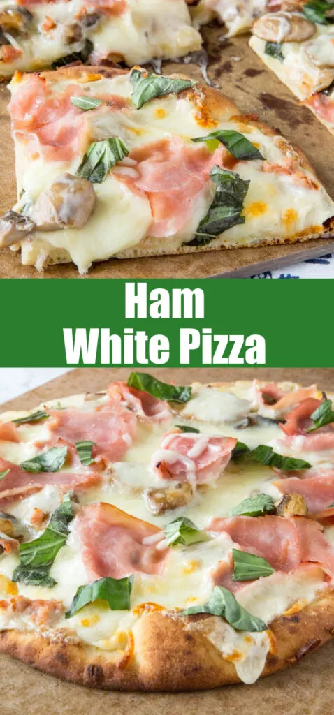 Ham White Pizza close up for pinterest