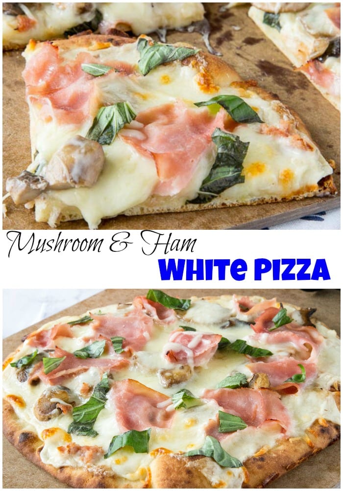 Mushroom and Ham White Pizza - roasted garlic white sauce with sauteed mushrooms, cheese, and ham make for a delicious pizza. Great way to use what you already have on hand!   #dinner #pizza #whitepizza #recipe