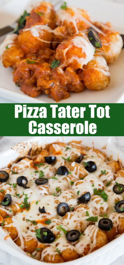 close up pizza tater tot casserole for pinterest