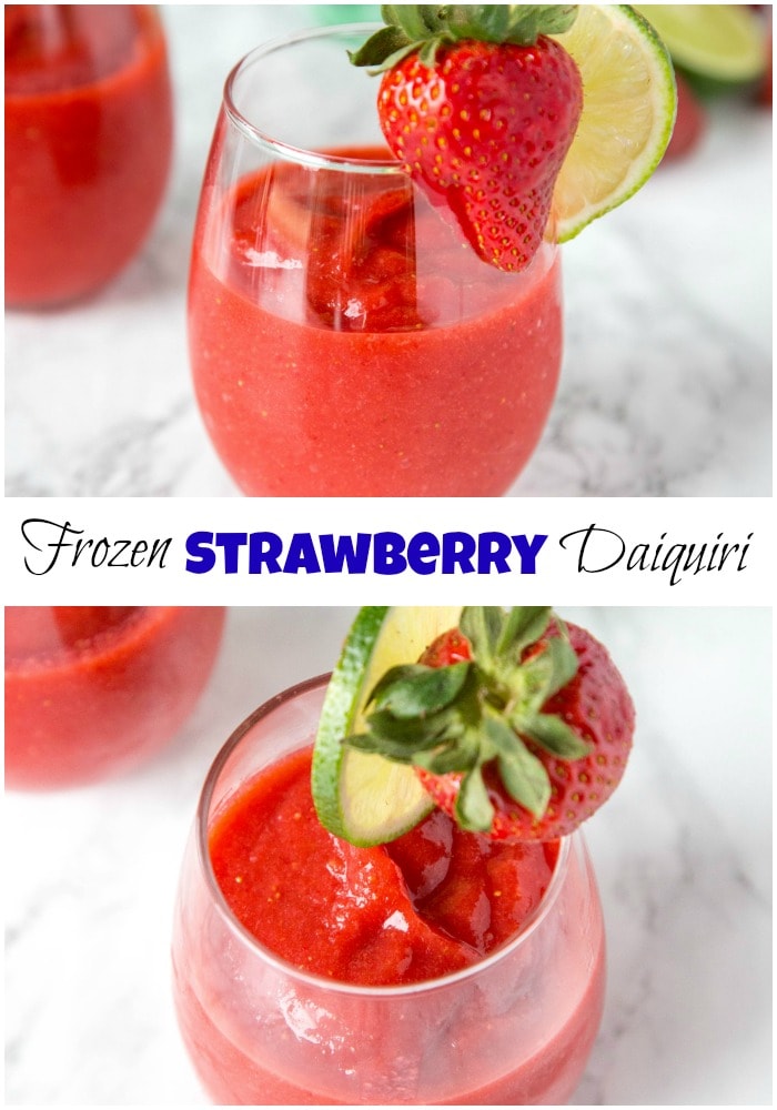 Frozen Strawberry Daiquiri - nothing beats a strawberry daiquiri!  This frozen version is so easy you can make it all summer long! #drinks #cocktails #alcohol #daiquiri
