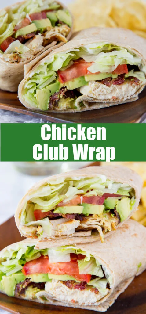 chicken club wrap sliced in half on a plate