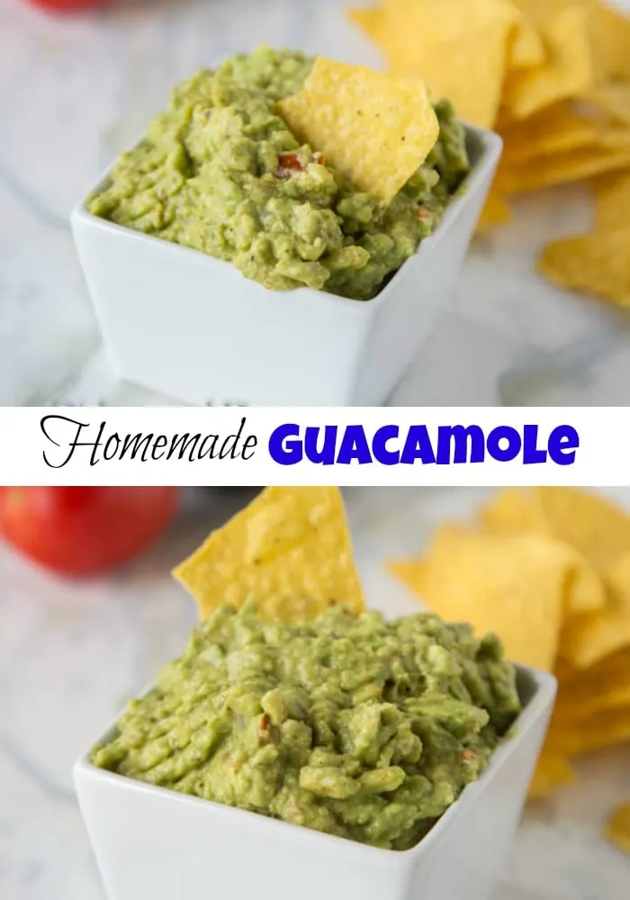 Homemade Guacamole - super easy guacamole recipe with ripe avocados, tomatoes, onions and a couple spices.  Perfect with quesadillas, tacos or just with tortilla chips.