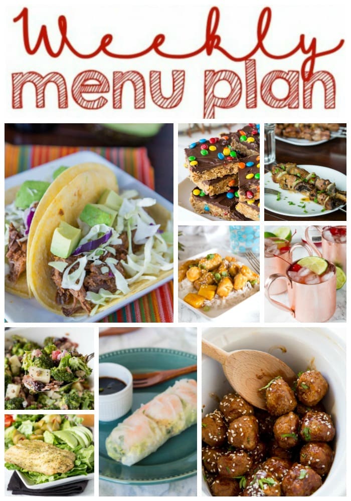 Weekly Meal Plan Week 156 - Make the week easy with this delicious meal plan. 6 dinner recipes, 1 side dish, 1 dessert, and 1 fun cocktail make for a tasty week!
