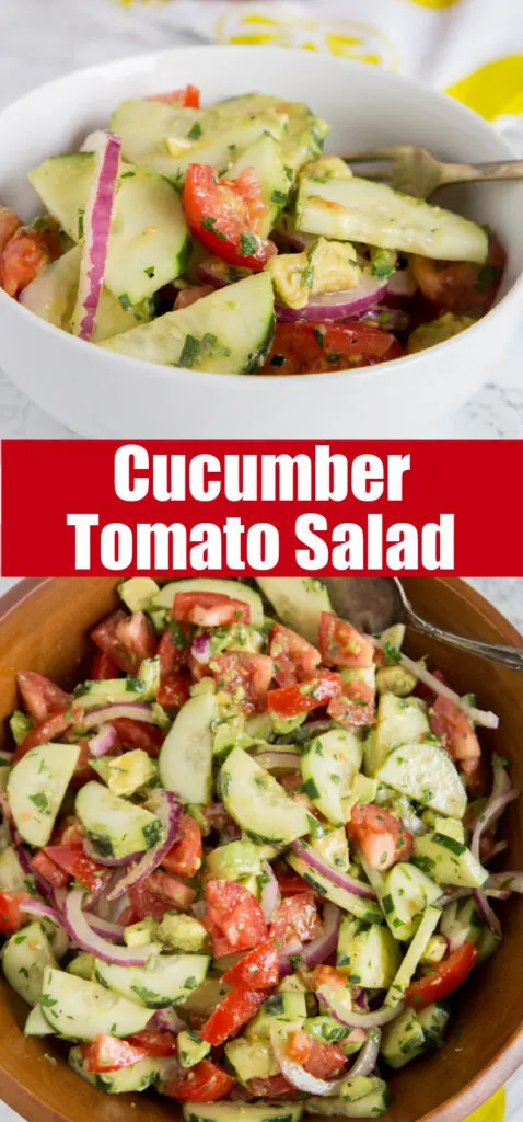 cucumber salad with tomatoes and avocado in a bowl