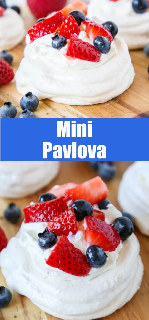 mini pavlova topped with berries on a board