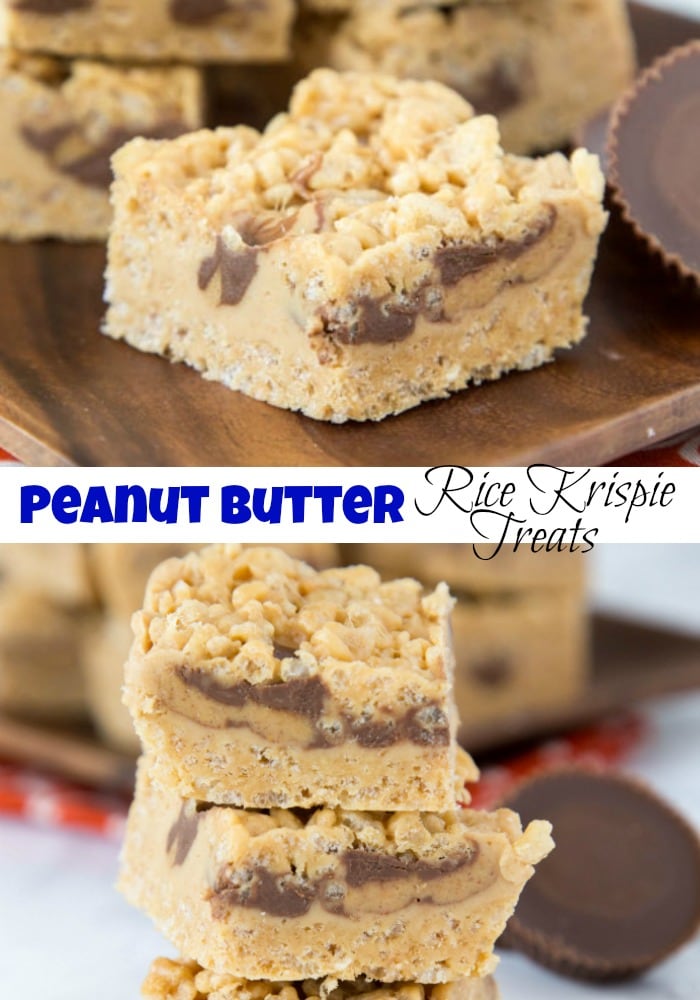 Peanut Butter Rice Krispie Treats - Classic rice krispie treats turned up a notch with lots of peanut butter, peanut butter fudge, and peanut butter cups!  No bake, super easy, and over the top amazing!  #peanutbutter #ricekrispietreats #dessert #food #nobakedesserts