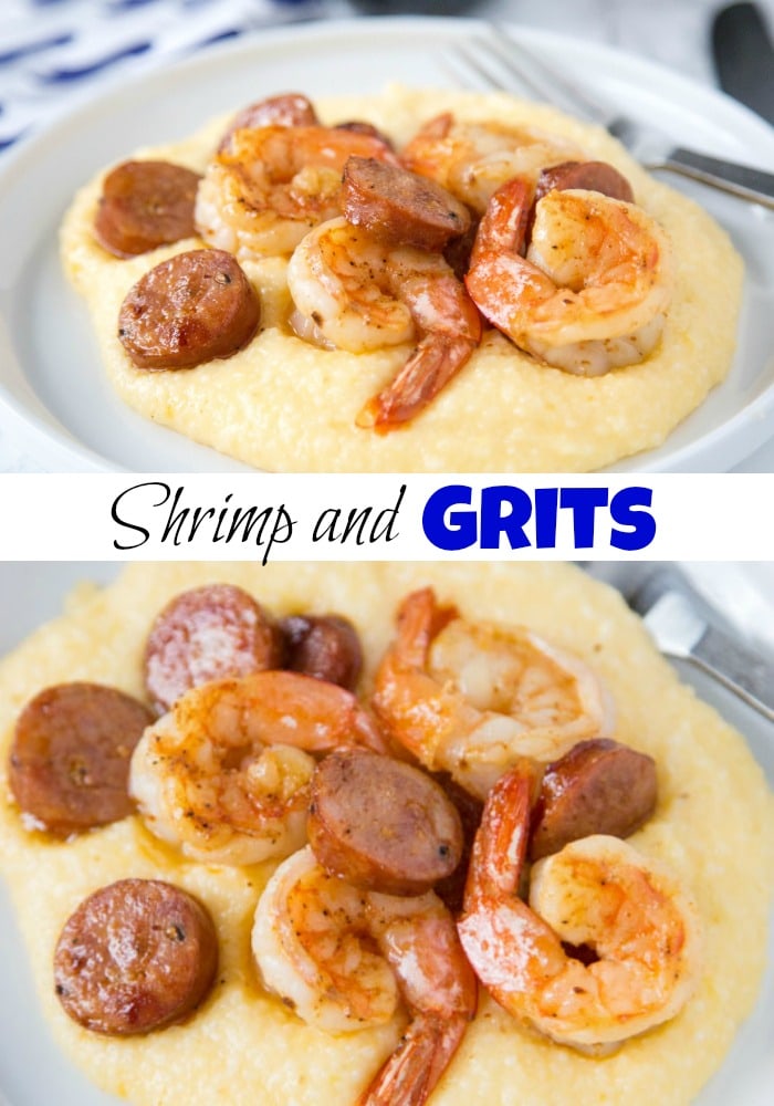 Shrimp and Grits Recipe - this easy shrimp and grits is ready in minutes and is perfect for busy weeknights.  Cheesy grits take it over the top, the whole family is going to love it! 