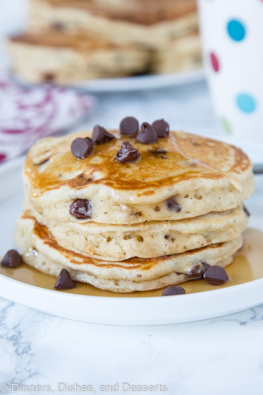 banana pancakes with chocolate chips stacked on a plate