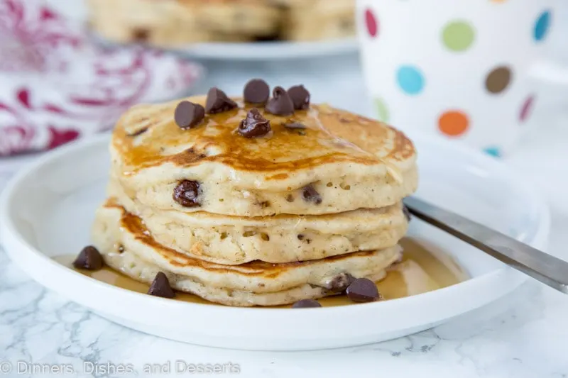 banana pancakes with chocolate chips stacked on a plate