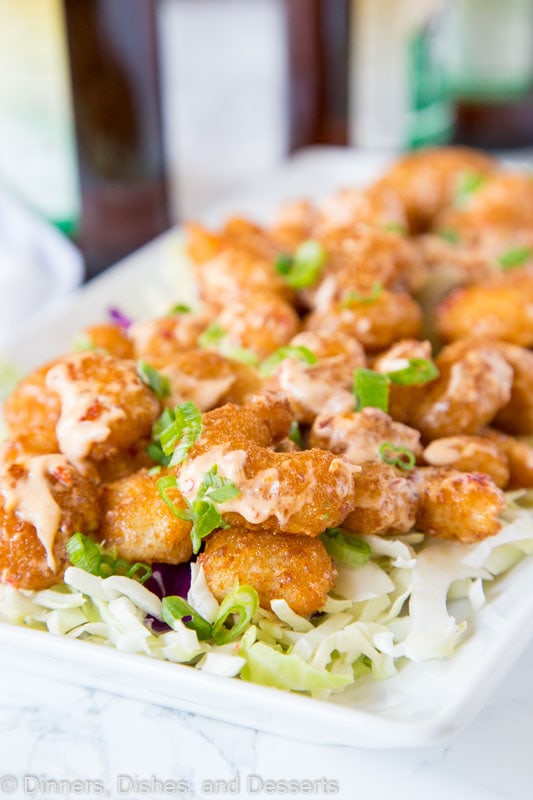 A close up of a plate of food, with Fried shrimp