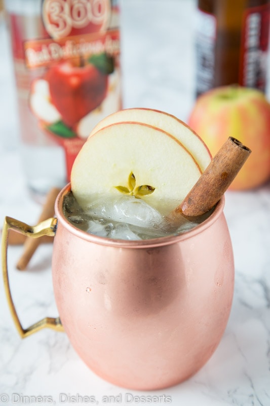 apple cider mule in a glass with apple slices and cinnamon stick